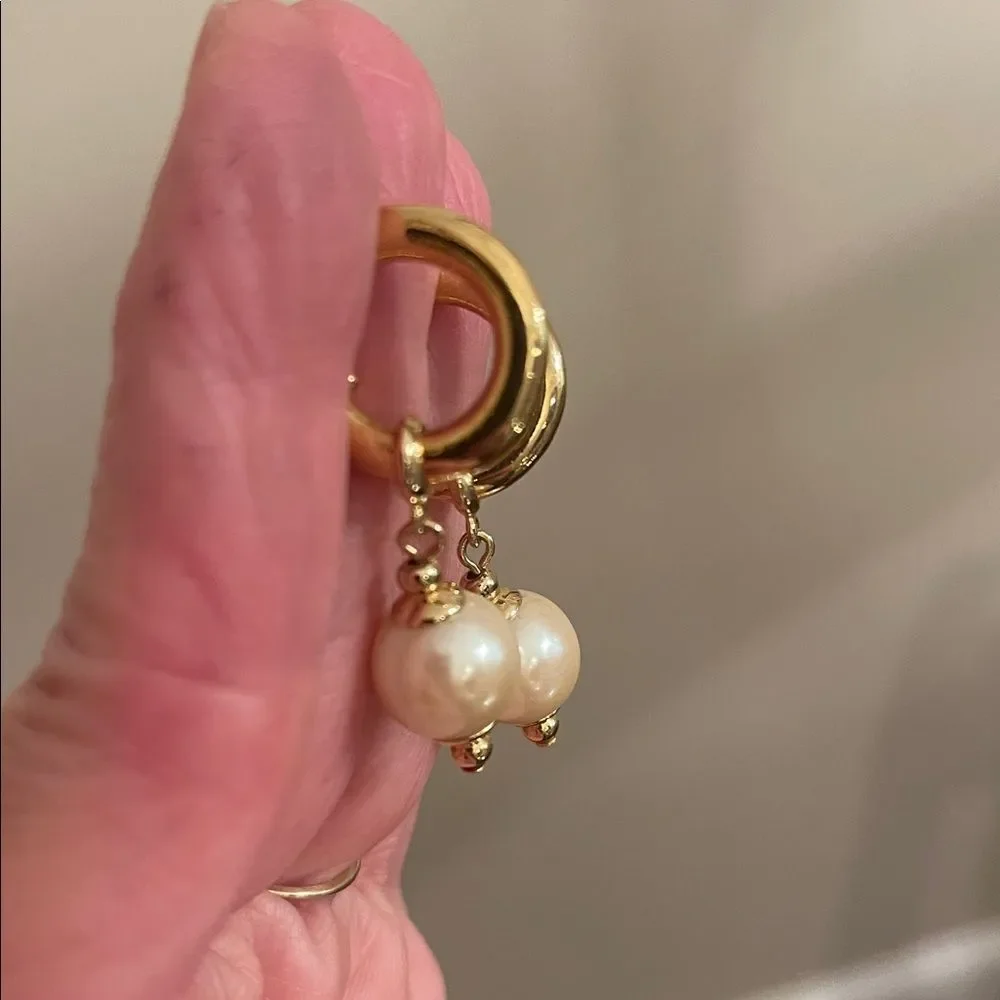 Vintage Gold-tone Hoops with Faux Pearl Charms- Drops - Picture 12 of 16